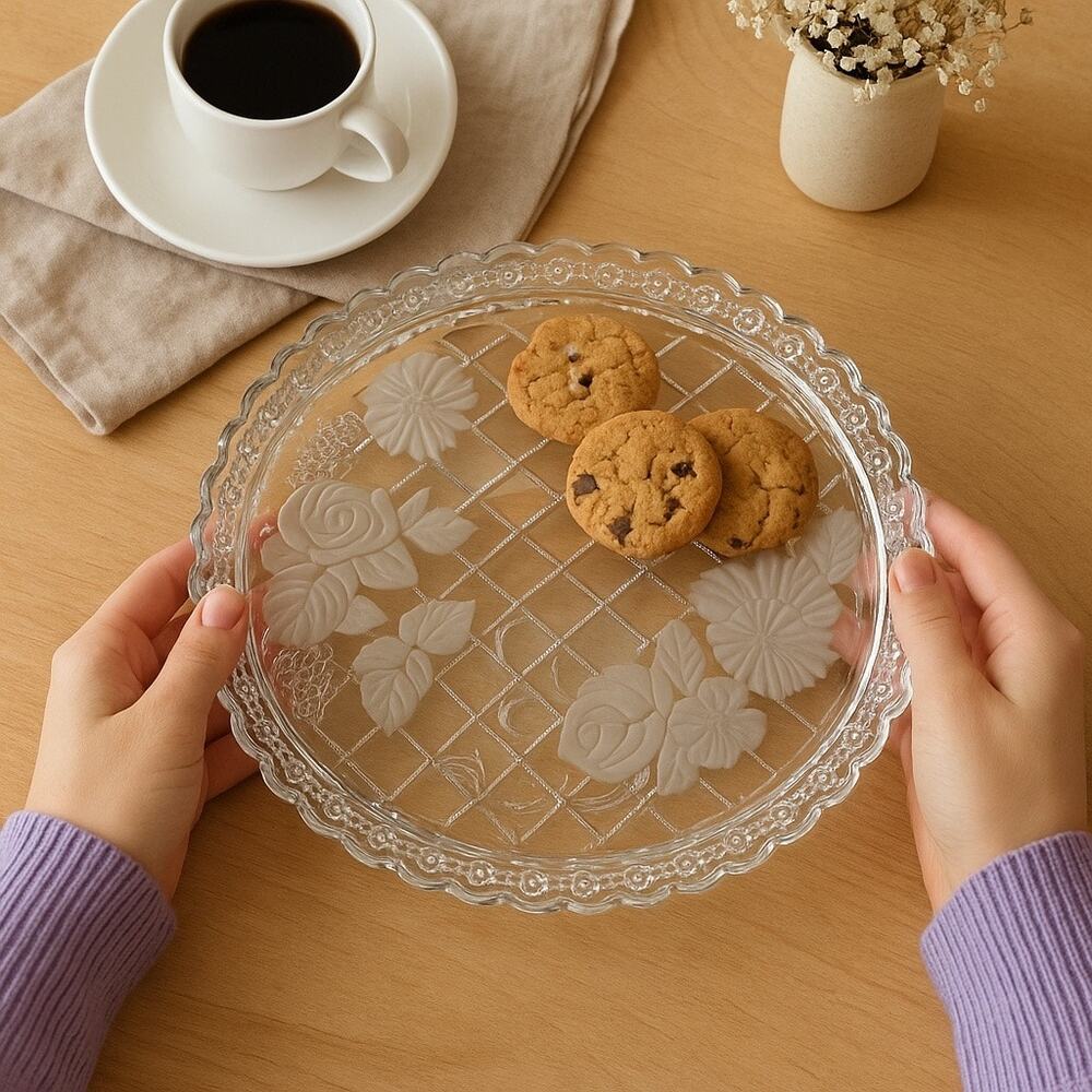 Napoli Frosted Embossed Crystal Cake Platter 14"x4" – Floral Leaf Lattice Design